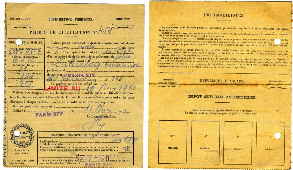 רישיון תנועה לאופנוע של עמנואל צוקרברג, לשלושה חודשים, אביב 1933