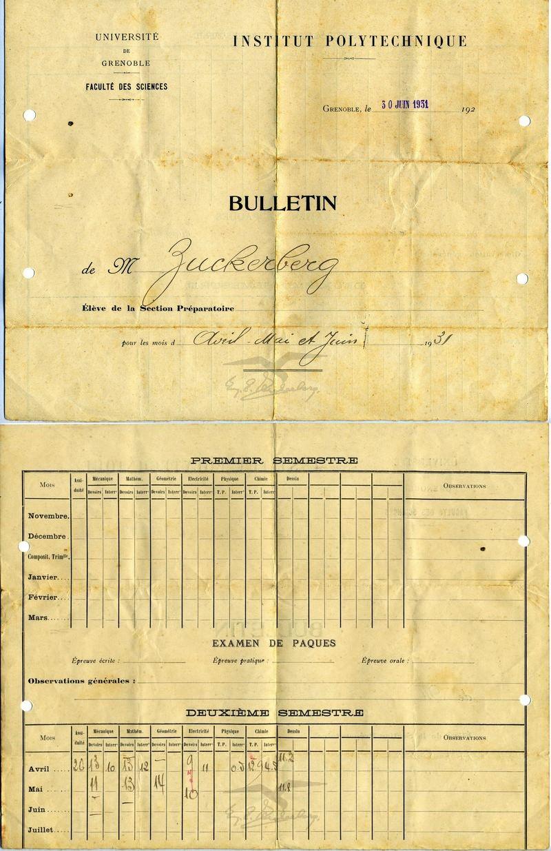 גליון ציונים של עמנואל צוקרברג לחודשים אפריל-יוני, אוניברסיטת גרנובל, 1931