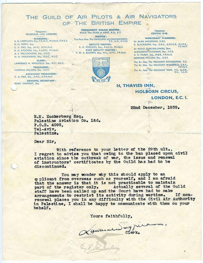מכתב מגילדת הטייסים והנווטים של האימפריה הבריטית, לונדון, אל עמנואל צוקרברג, תל אביב