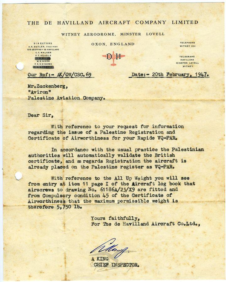 מכתב מ-א. קינג, חברת המטוסים דה-האווילנד, אנגליה, לעמנואל צור, בנוגע לרישוי מטוס רפיד של חברת אוירון