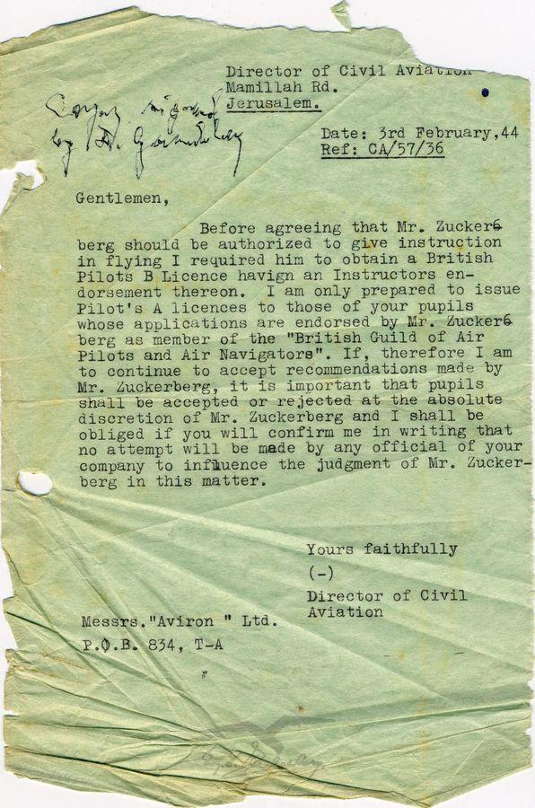 מכתב ממנהל מחלקת התעופה האזרחית, ירושלים לחברת 'אוירון', תל אביב - אישור רישוי מדרגה A לטייסים חדשים בחברת אוירון