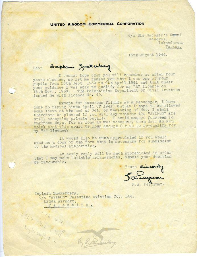 מכתב מ- ר.א פרימן, איסקנדרון, טורקיה, אל קפטן עמנואל צוקרברג - חידוש רישיון טיסה מדרגה A