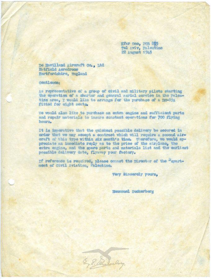 מגעים לרכישת מטוס נוסעים מסוג רפיד (DH-89A) וציוד נלווה בין חברת דה-האווילנד מאנגליה לעמנואל צור מחברת 'אוירון'