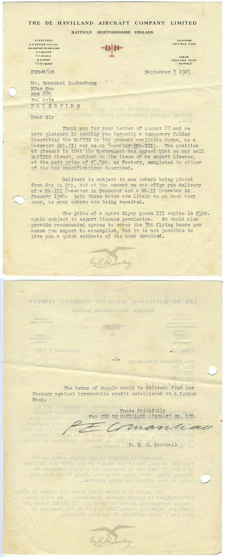 מגעים לרכישת מטוס נוסעים מסוג רפיד (DH-89A) וציוד נלווה בין חברת דה-האווילנד מאנגליה לעמנואל צור מחברת 'אוירון'