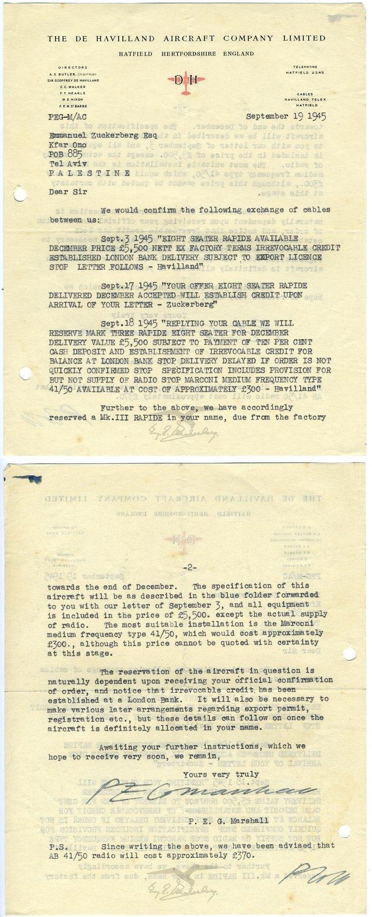 מגעים לרכישת מטוס נוסעים מסוג רפיד (DH-89A) וציוד נלווה בין חברת דה-האווילנד מאנגליה לעמנואל צור מחברת 'אוירון'