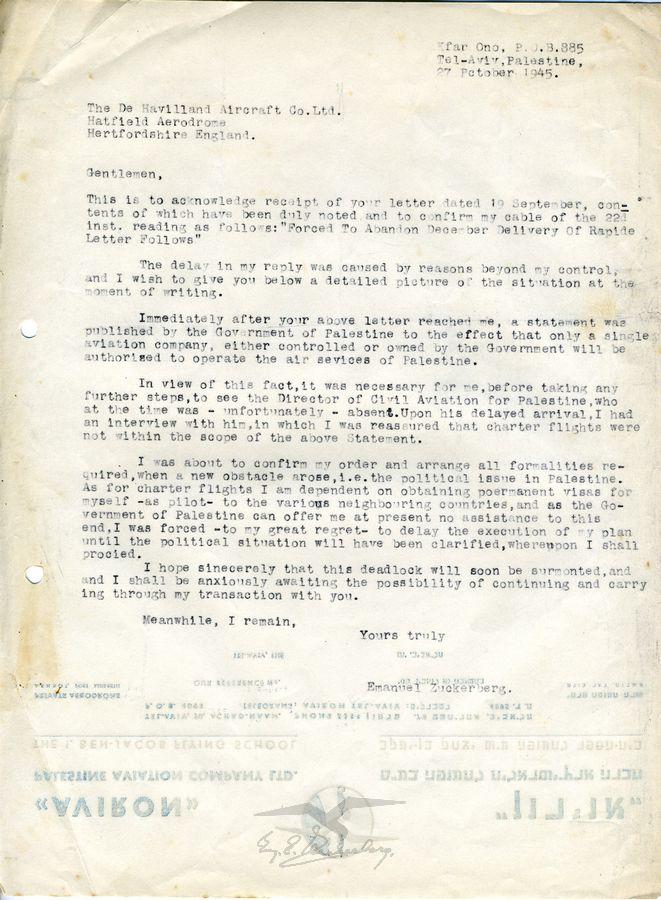 מגעים לרכישת מטוס נוסעים מסוג רפיד (DH-89A) וציוד נלווה בין חברת דה-האווילנד מאנגליה לעמנואל צור מחברת 'אוירון'