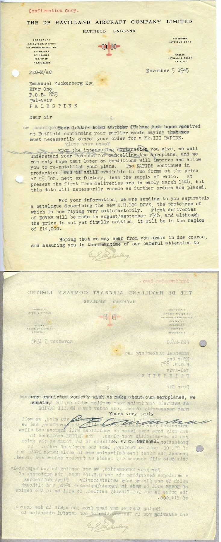 מגעים לרכישת מטוס נוסעים מסוג רפיד (DH-89A) וציוד נלווה בין חברת דה-האווילנד מאנגליה לעמנואל צור מחברת 'אוירון'