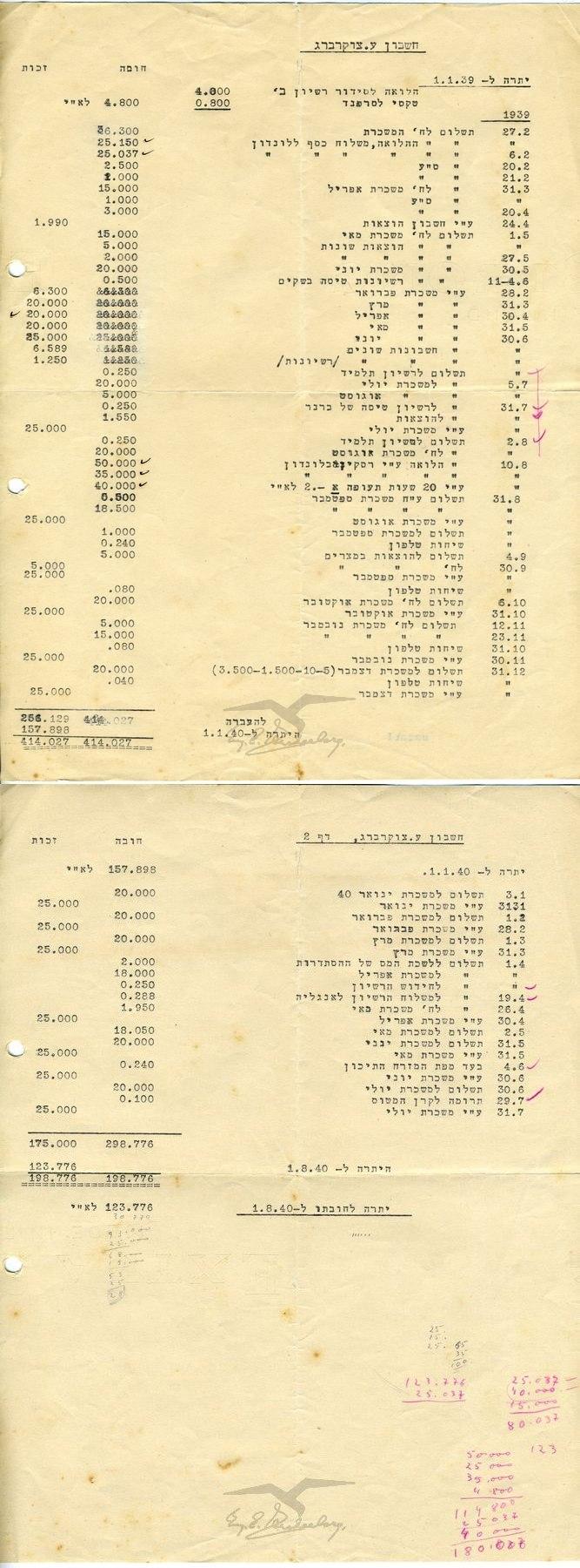 דוח הכנסות והוצאות של עמנואל צוקרברג לשנים 1939 – 1940 בחברת אוירון