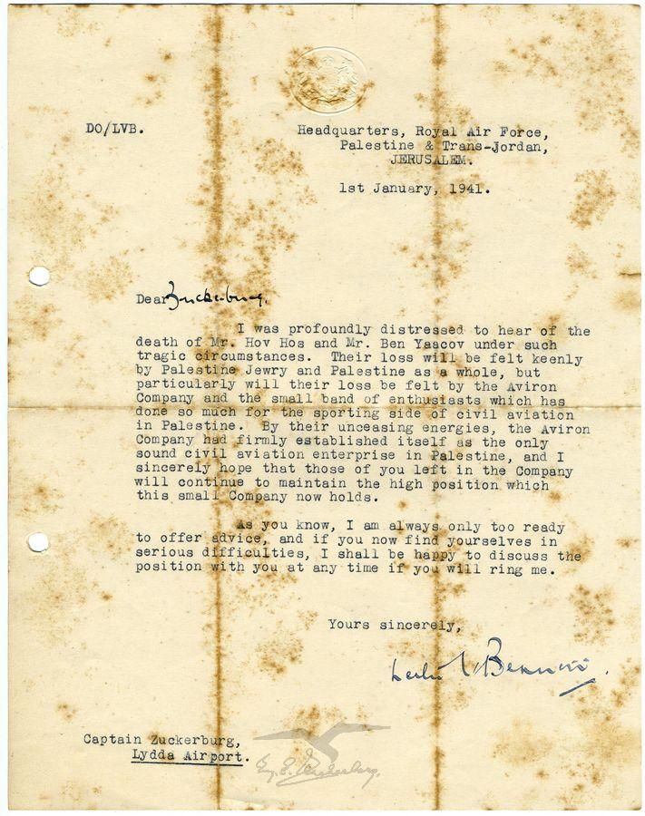 מכתב ממפקדת חיל האויר המלכותי הבריטי, ירושלים, לעמנואל צוקרברג