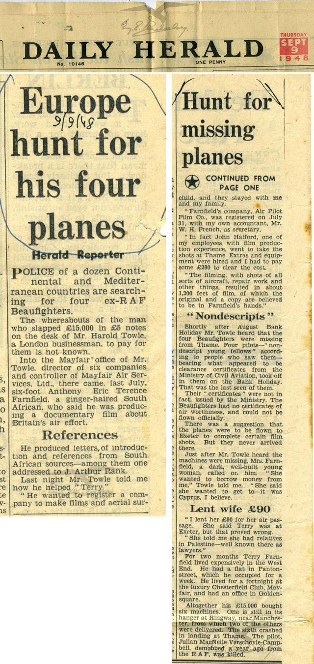 כתבה בעיתון Daily Hearald: חיפוש מטוסי קרב שנעלמו והאנשים המעורבים בפרשה