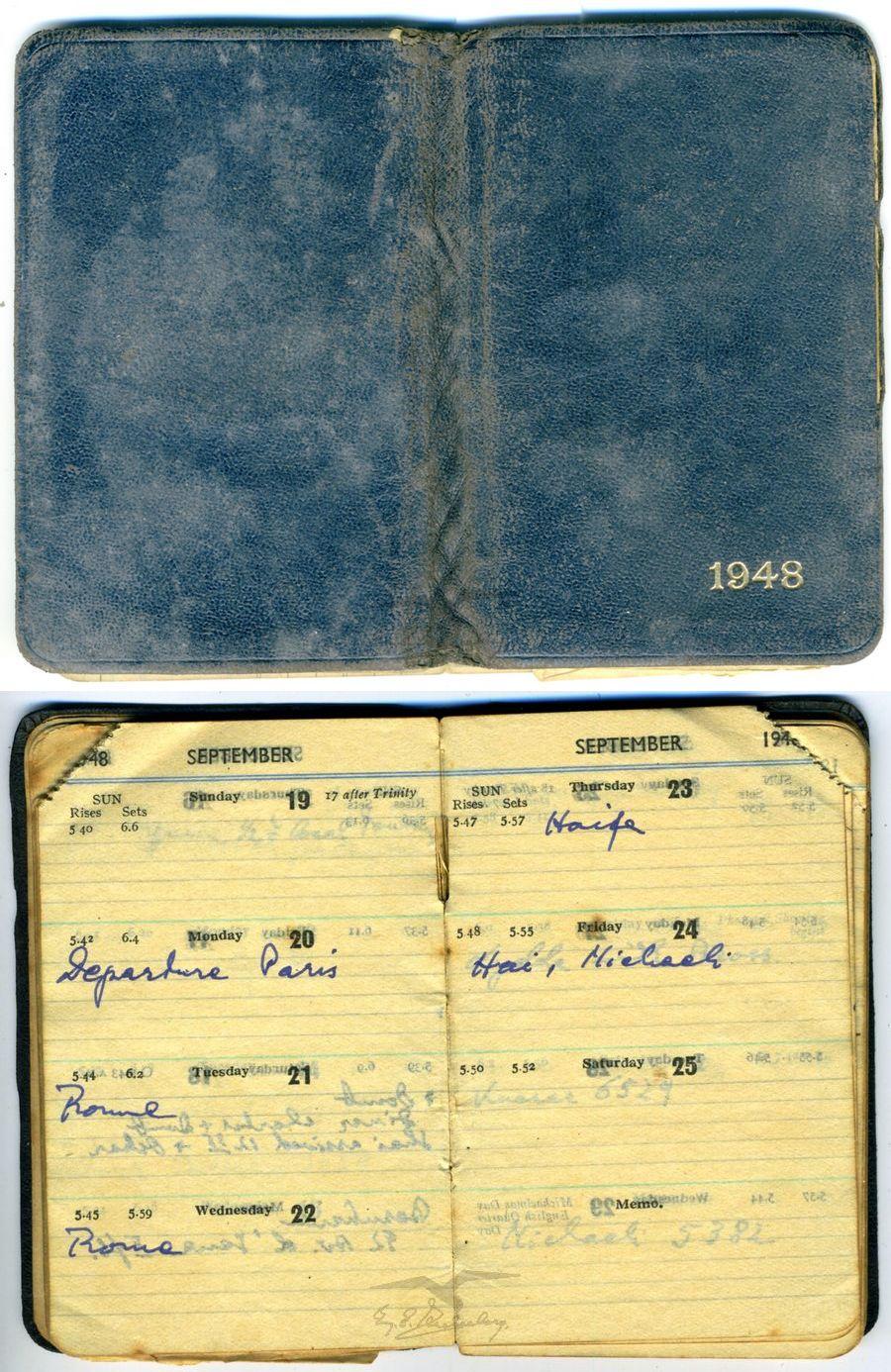 יומן קטן משנת 1948, ובו רשימות, קודים ופגישות של עמנואל צור