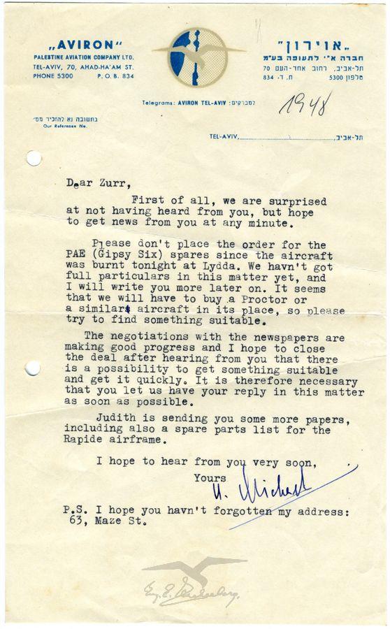 מכתב מאורי מיכאלי (מנהל חברת 'אוירון') לעמנואל צור (כנראה בצרפת)