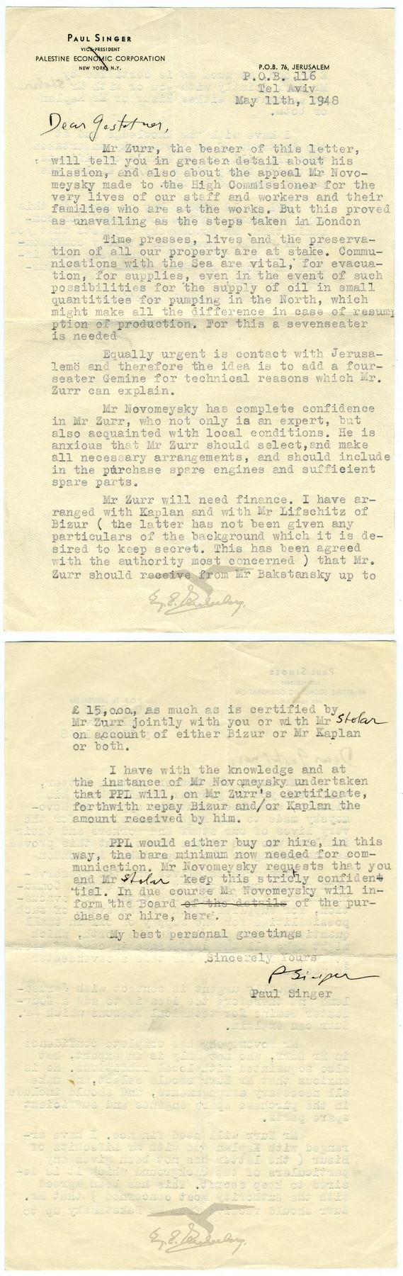 מכתב מפאול זינגר, סגן נשיא החברה הכלכלית פלשתינה בניו יורק אל אישיות לא מזוהה