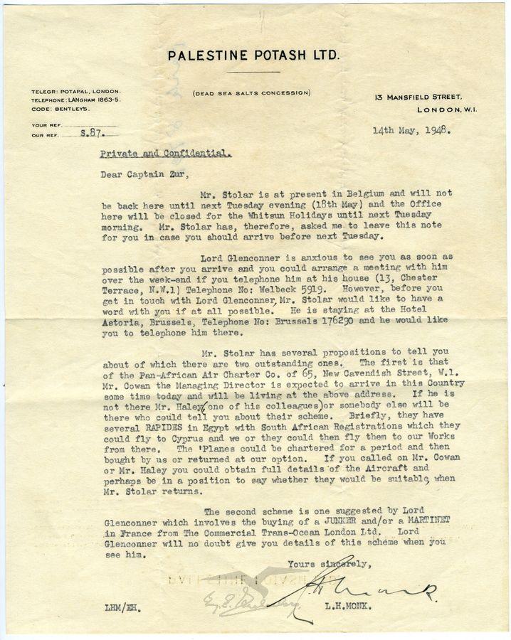 מכתב סודי וחסוי מל"ה מונק (L.H. Monk), נציג חברת האשלג הארץ ישראלית בלונדון אל עמנואל צור.