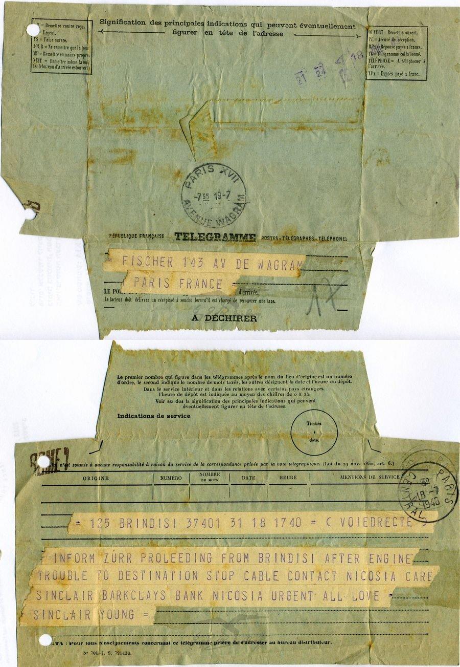 טלגרמה בנושא המשך טיסת מטוס [מוברח] ליעדו